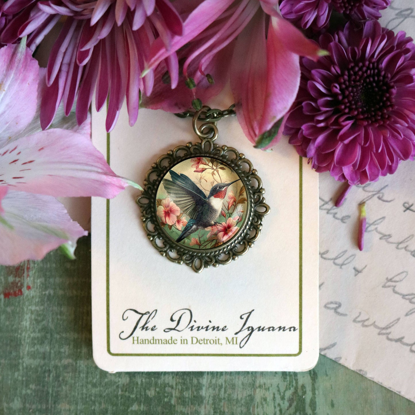 Hummingbird Ornate Necklace - Art Nouveau - Glass Cabochon