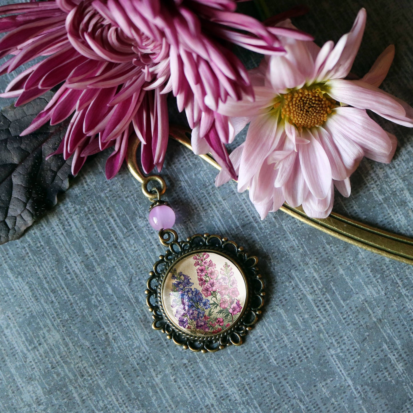 Larkspur Flower Bookmark - Delphinium - Bronze and Glass Cabochon