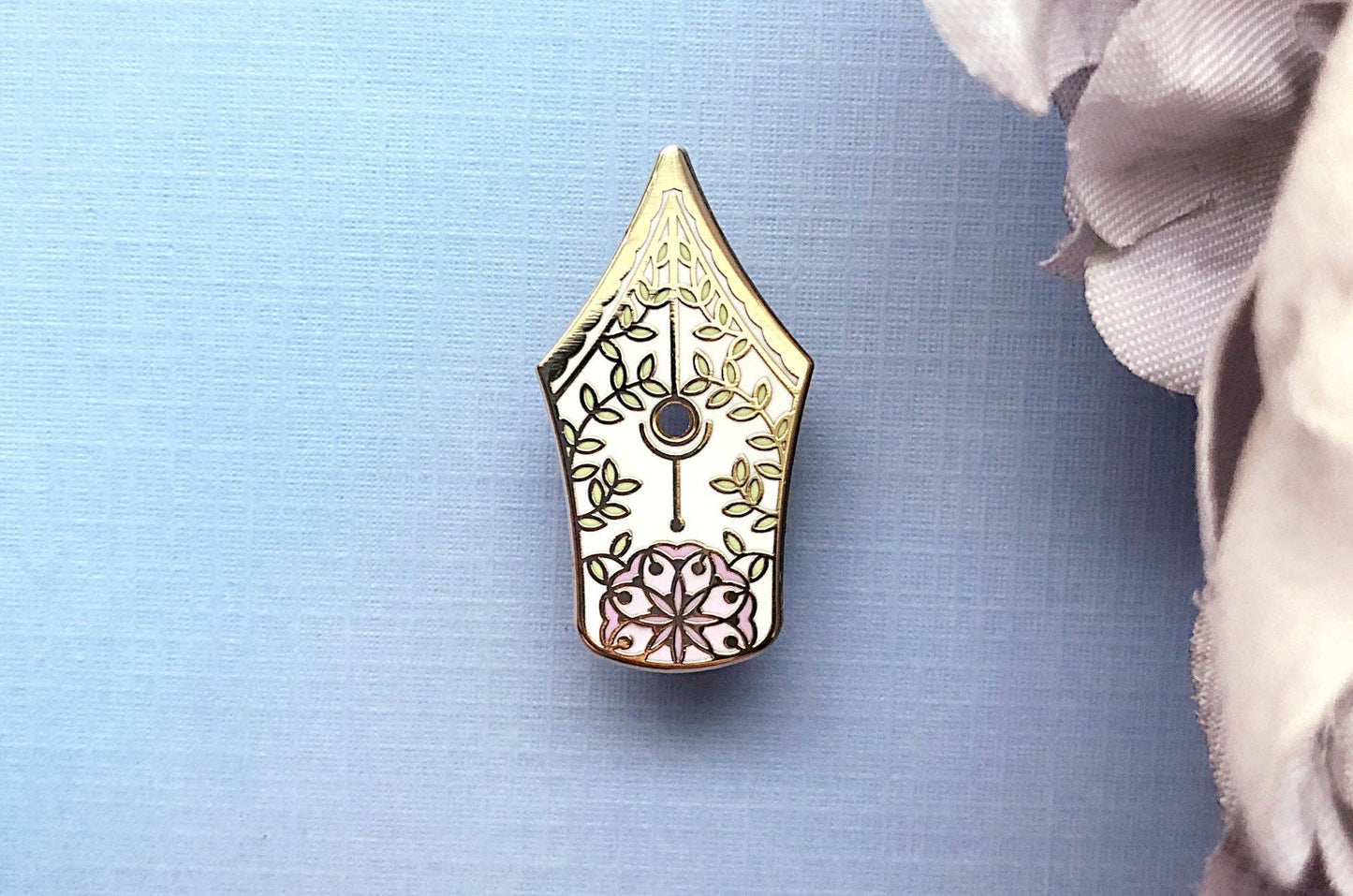 Floral Fountain Pen Enamel Pin - Gold Plated Base