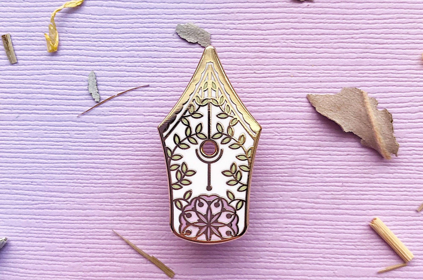 Floral Fountain Pen Enamel Pin - Gold Plated Base