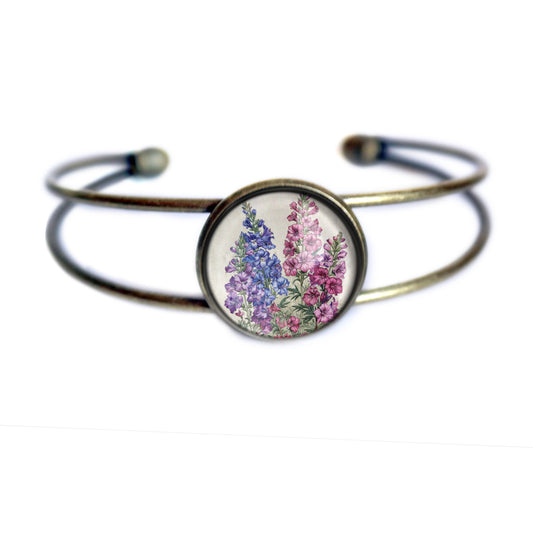 Larkspur Flowers Cuff Bracelet - Delphinium Flowers - Glass Cabochon