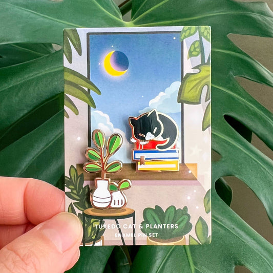 Tuxedo Cat and Planters Enamel Pin Set