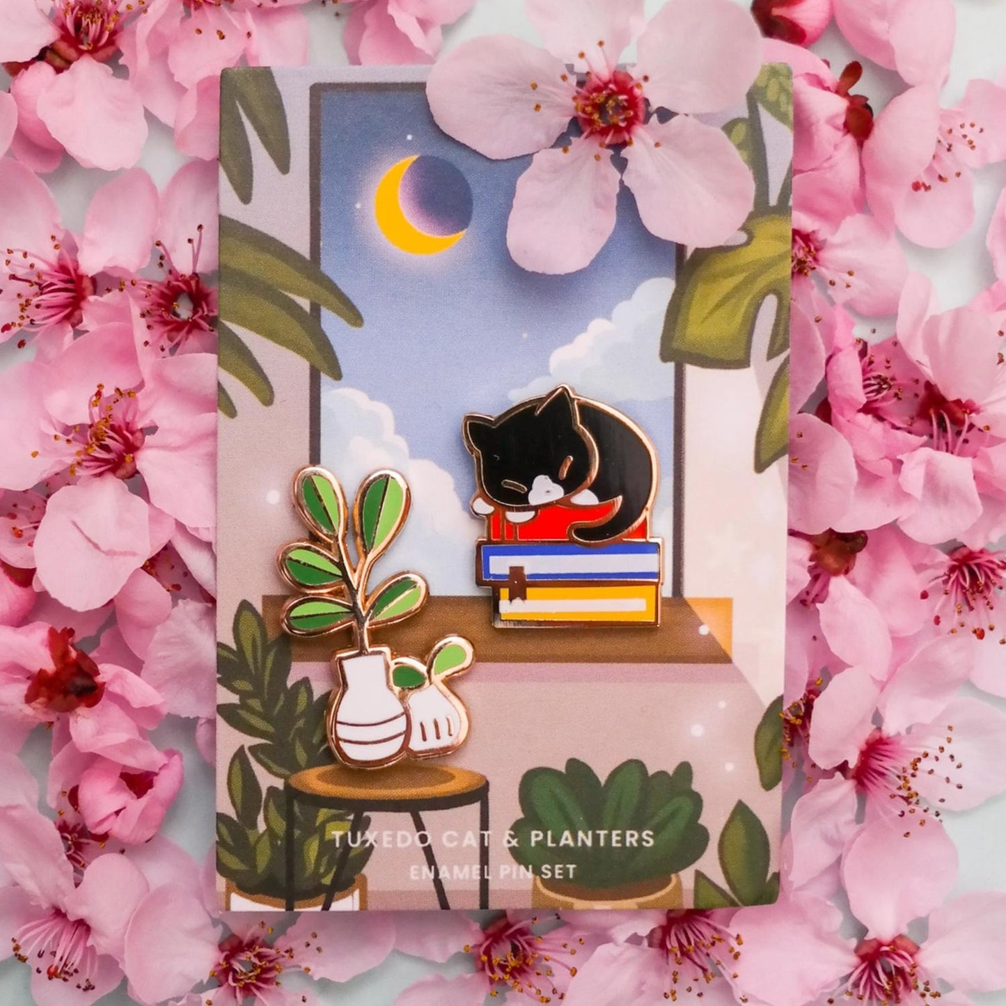 Tuxedo Cat and Planters Enamel Pin Set