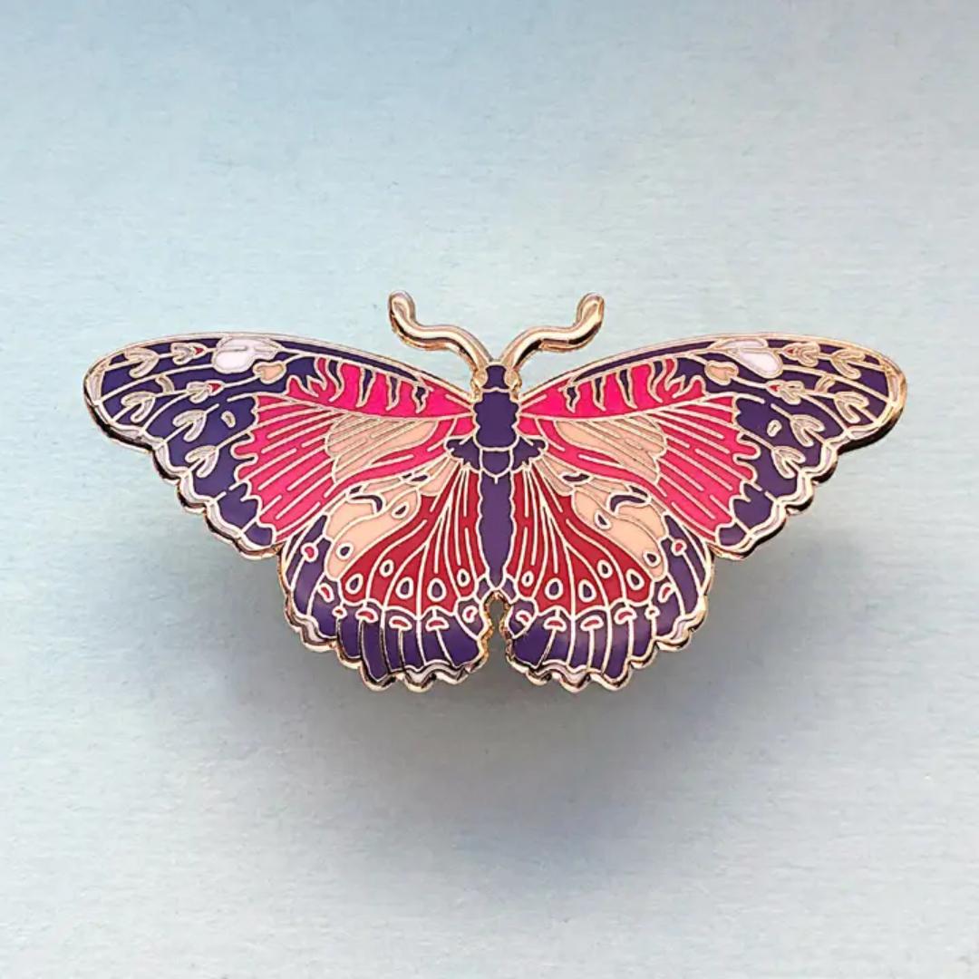 Red Lacewing Butterfly Enamel Pin - Gold Plated Base