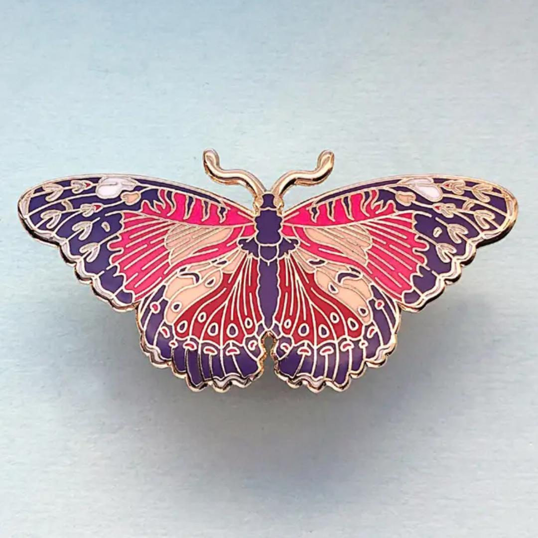 Red Lacewing Butterfly Enamel Pin - Gold Plated Base