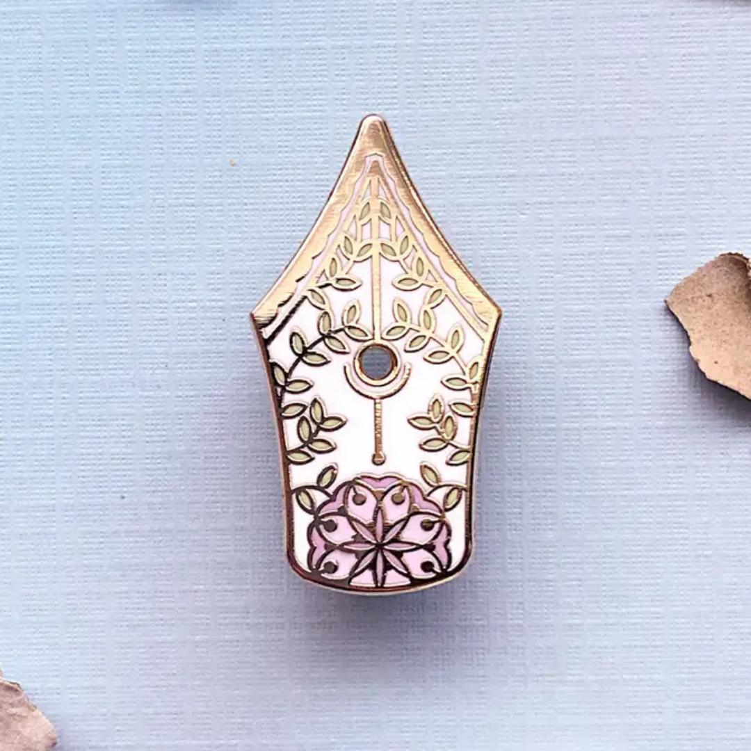 Floral Fountain Pen Enamel Pin - Gold Plated Base