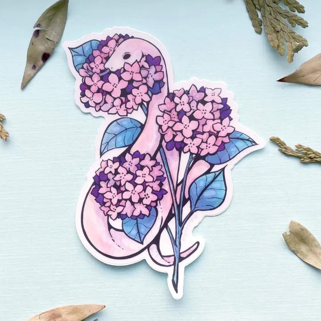 Snake and Pink Hydrangeas Sticker - Clear Vinyl