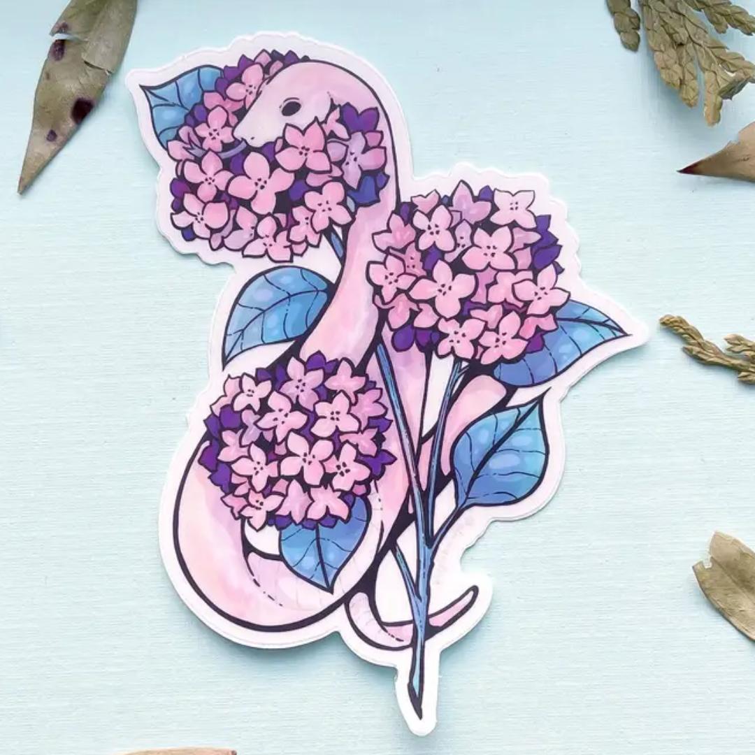 Snake and Pink Hydrangeas Sticker - Clear Vinyl
