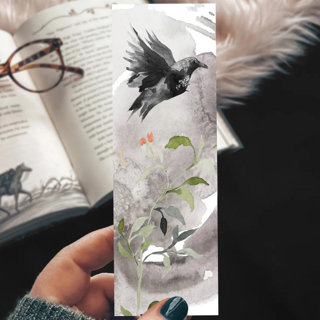 Raven Watercolor Bookmark - Cardstock - Crow - Nature