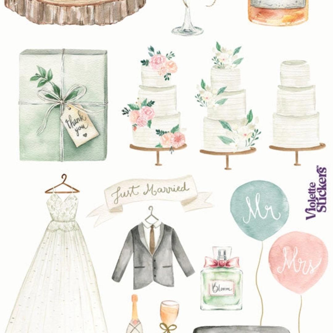 Elegant Watercolor Wedding Stickers - 1 Sticker Sheet for Stationary, Scrapbooking, & More