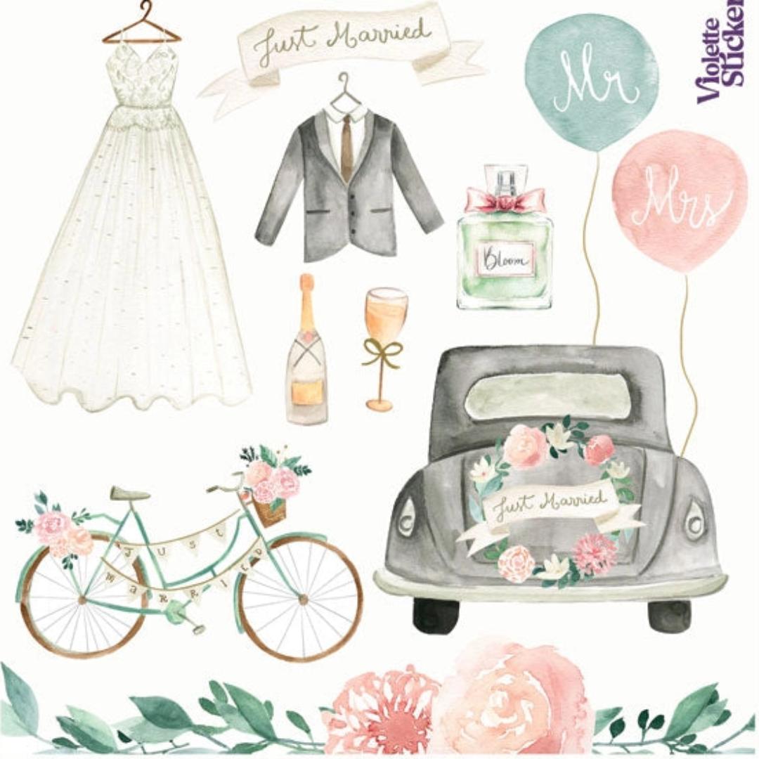 Elegant Watercolor Wedding Stickers - 1 Sticker Sheet for Stationary, Scrapbooking, & More