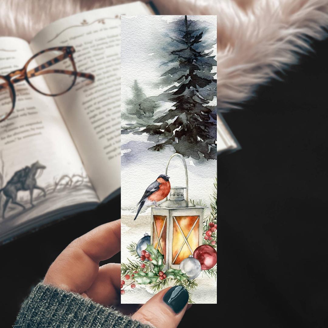Holiday Winter Lantern Cozy Watercolor Bookmark - Cardstock