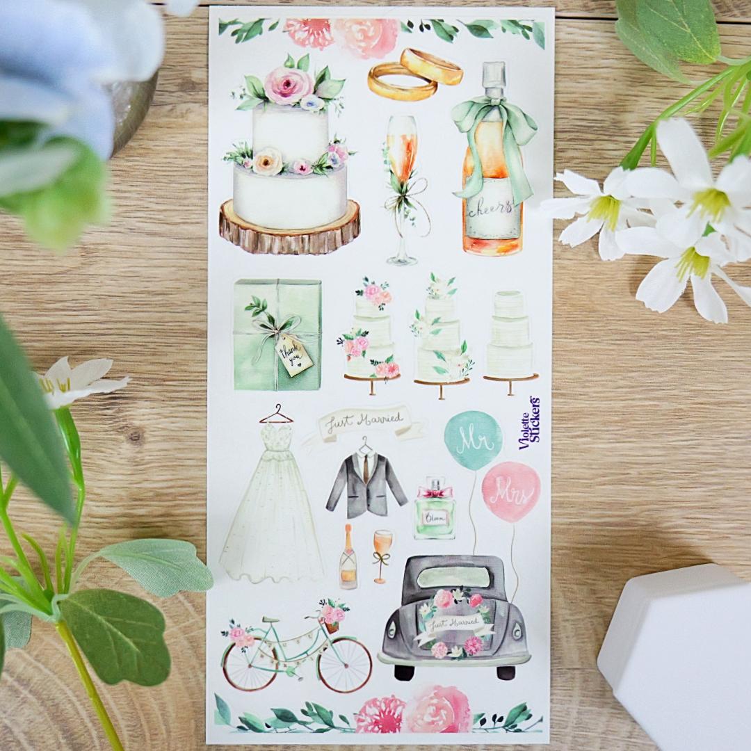 Elegant Watercolor Wedding Stickers - 1 Sticker Sheet for Stationary, Scrapbooking, & More