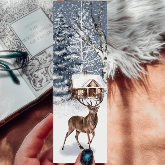 Christmas Deer & Cabin Watercolor Bookmark - Snowy Winter Scene - Cardstock