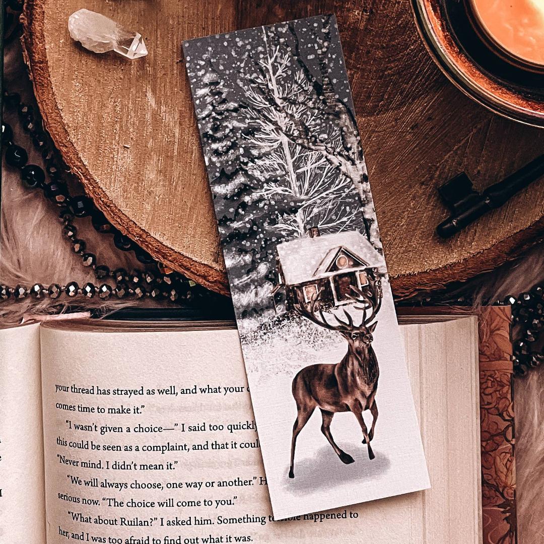 Christmas Deer & Cabin Watercolor Bookmark - Snowy Winter Scene - Cardstock