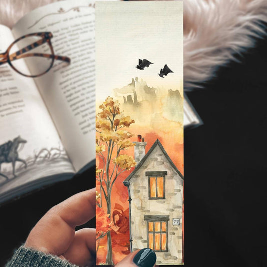Halloween Eve Bat Bookmark - Fall Watercolor Landscape - Cardstock