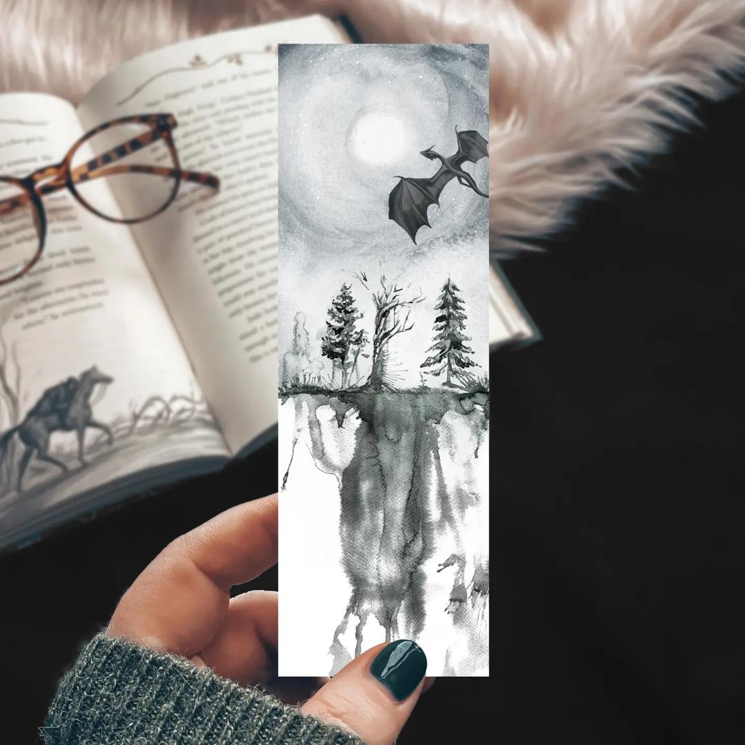 Dragon Watercolor Landscape Fantasy Bookmark - Cardstock