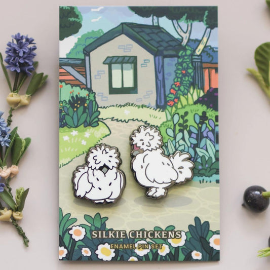 Silkie Chickens Enamel Pin Set - Set of 2 Farm Animals