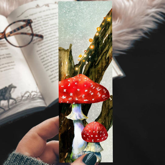 Mushrooms and Fairy Lights Watercolor Bookmark - Nature & Cottage Core - Cardstock
