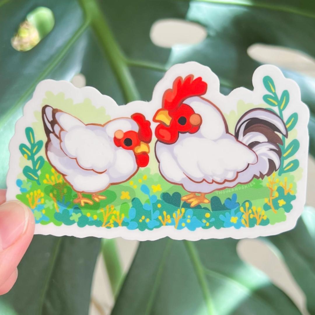 White Rooster and Hen Sticker - Waterproof Vinyl - Chickens - Farm Animals