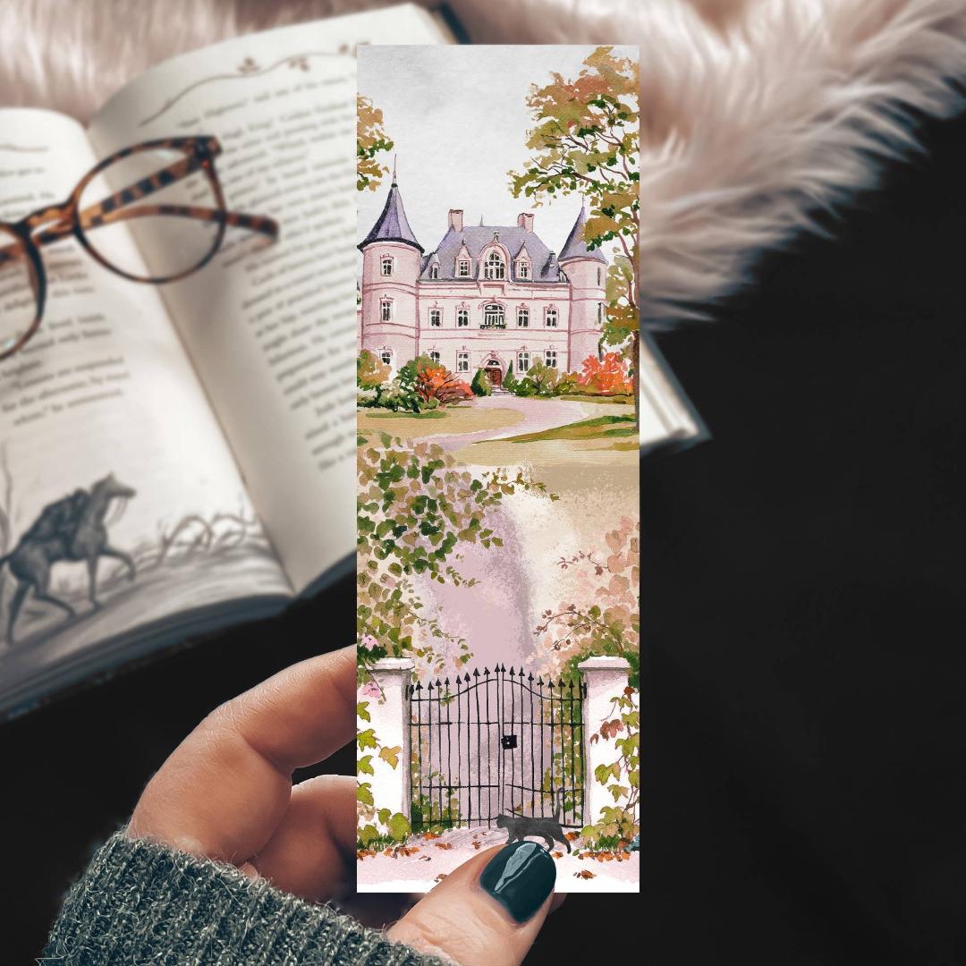 Historic Chateau with Gate and Black Cat Bookmark - Linen Cardstock