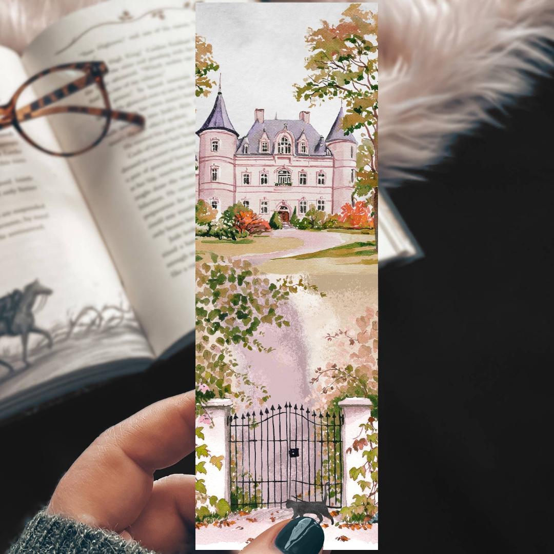 Historic Chateau with Gate and Black Cat Bookmark - Linen Cardstock