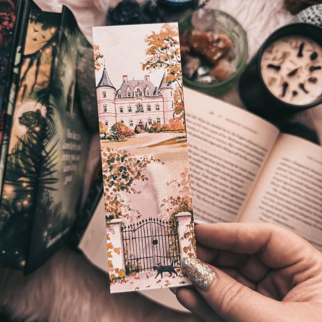 Historic Chateau with Gate and Black Cat Bookmark - Linen Cardstock