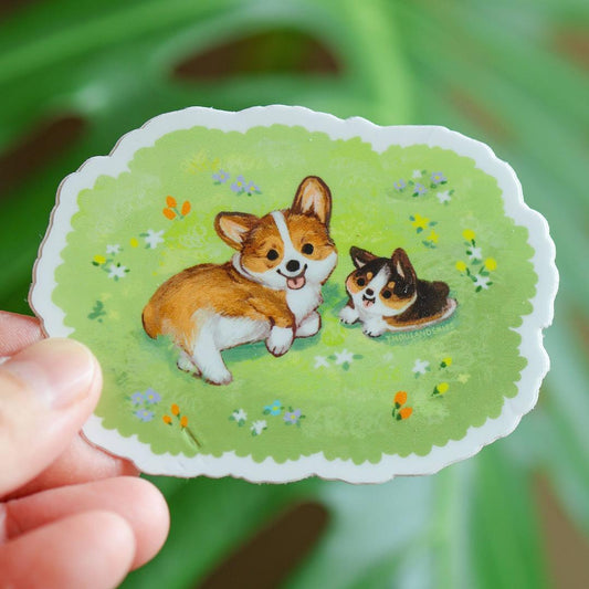 Corgi Dogs in Spring Sticker - Waterproof Vinyl