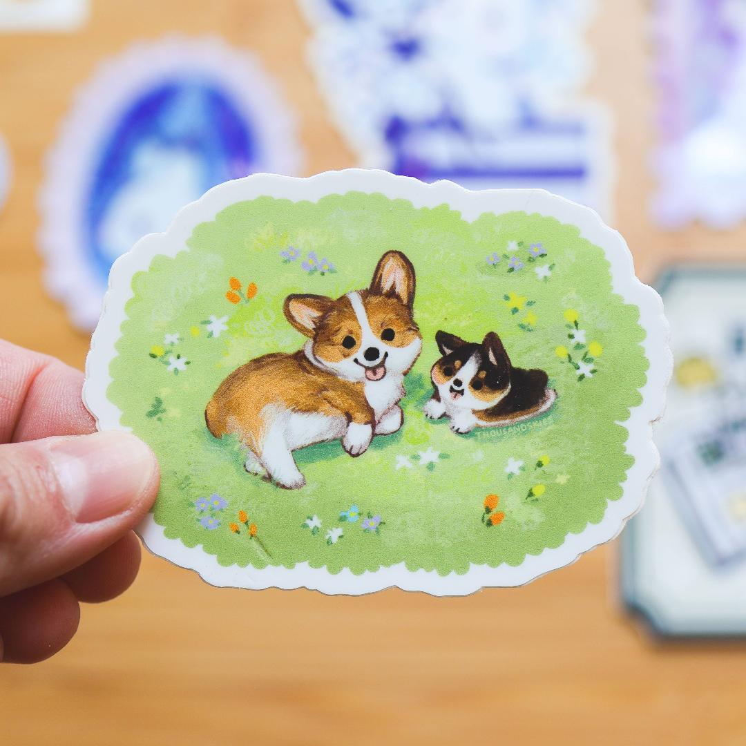 Corgi Dogs in Spring Sticker - Waterproof Vinyl