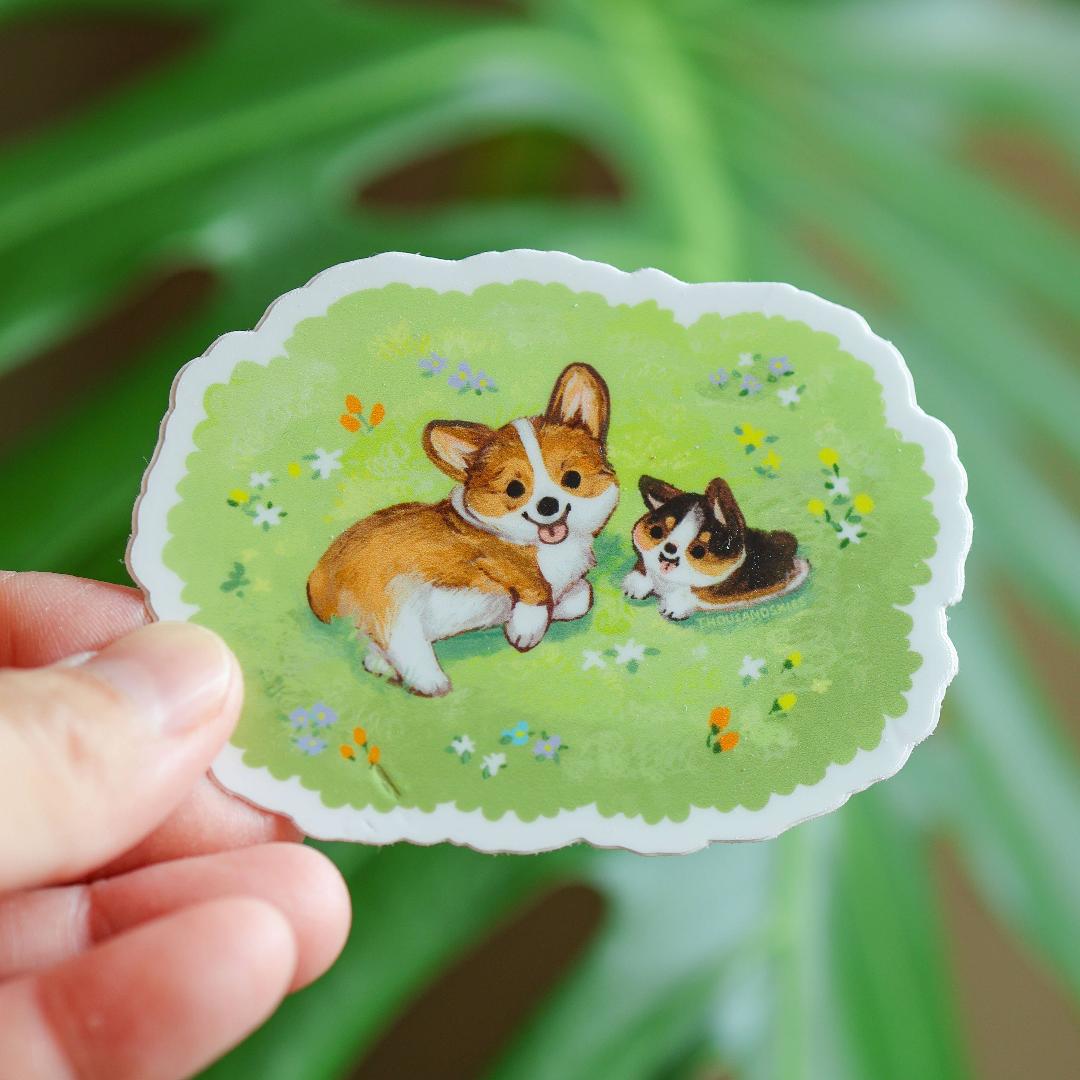 Corgi Dogs in Spring Sticker - Waterproof Vinyl