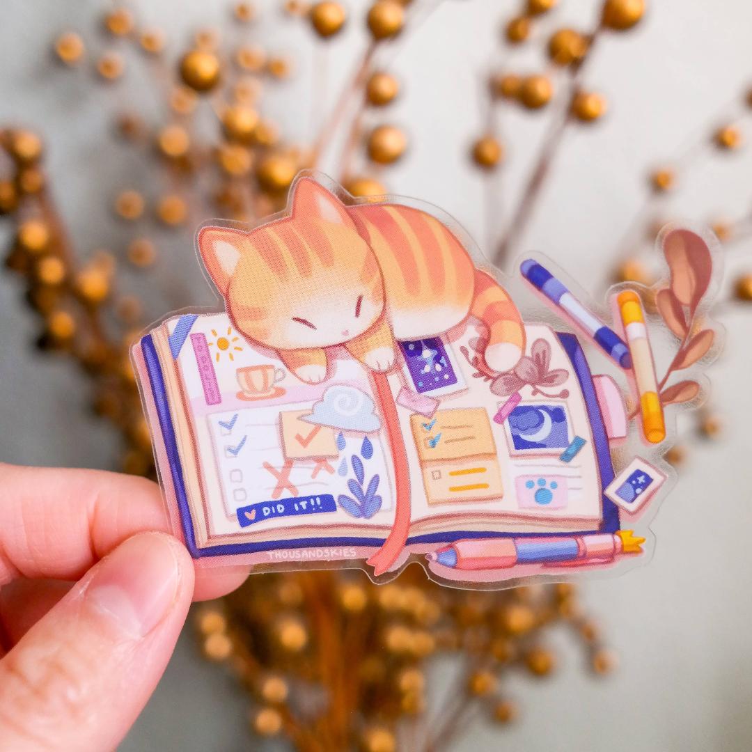 Kitten's Journal Sticker - Sleeping Cat - Transparent Waterproof Vinyl