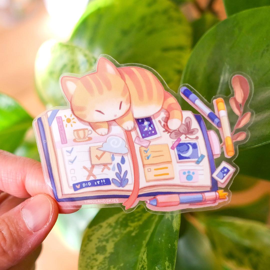 Kitten's Journal Sticker - Sleeping Cat - Transparent Waterproof Vinyl