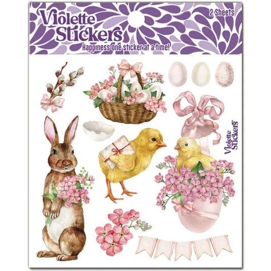 Pink Easter Stickers - Rabbits - Chicks - 2 Sticker Sheets - Stationary - Scrapbook