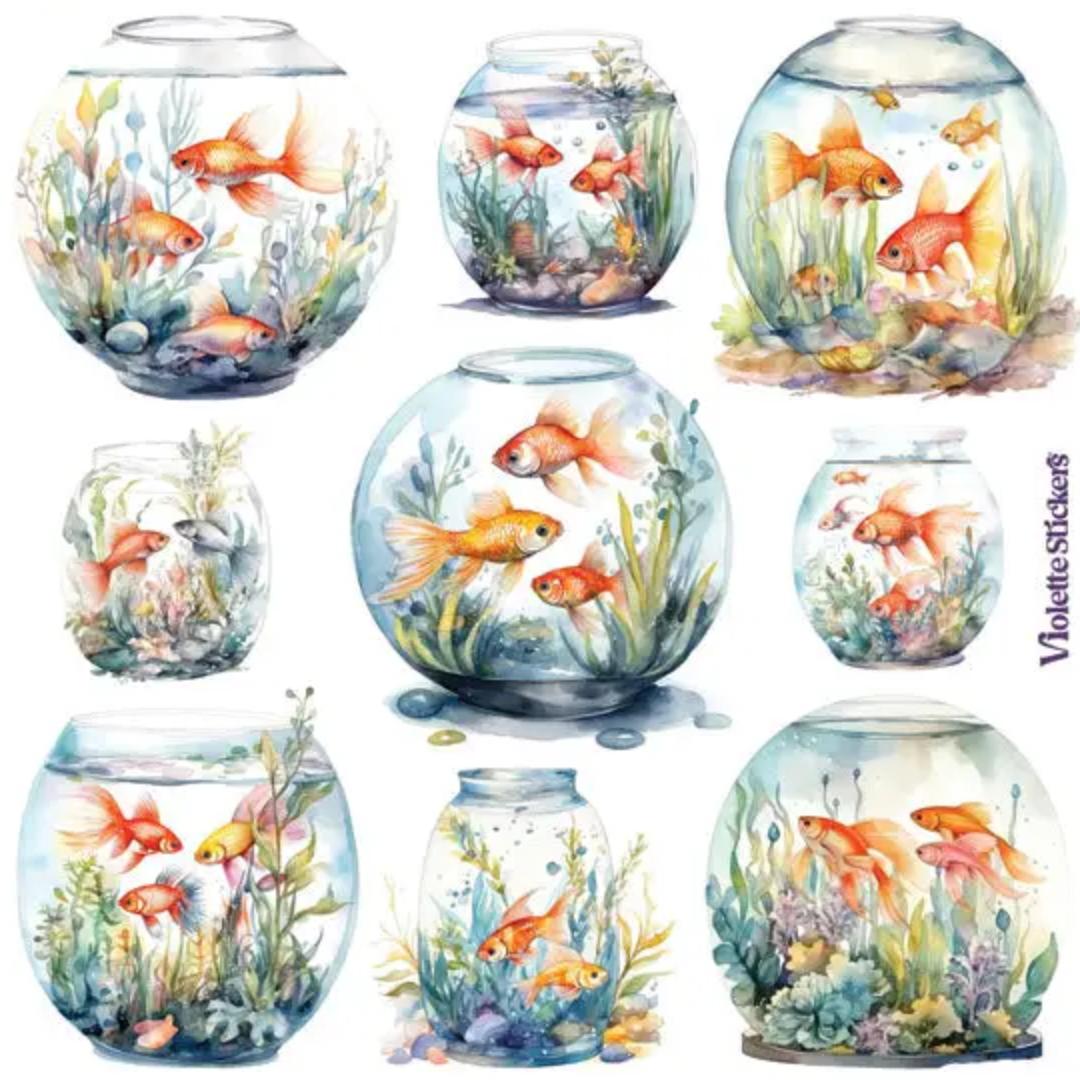Goldfish Bowl Stickers - 2 Sticker Sheets - Stationary - Scrapbook