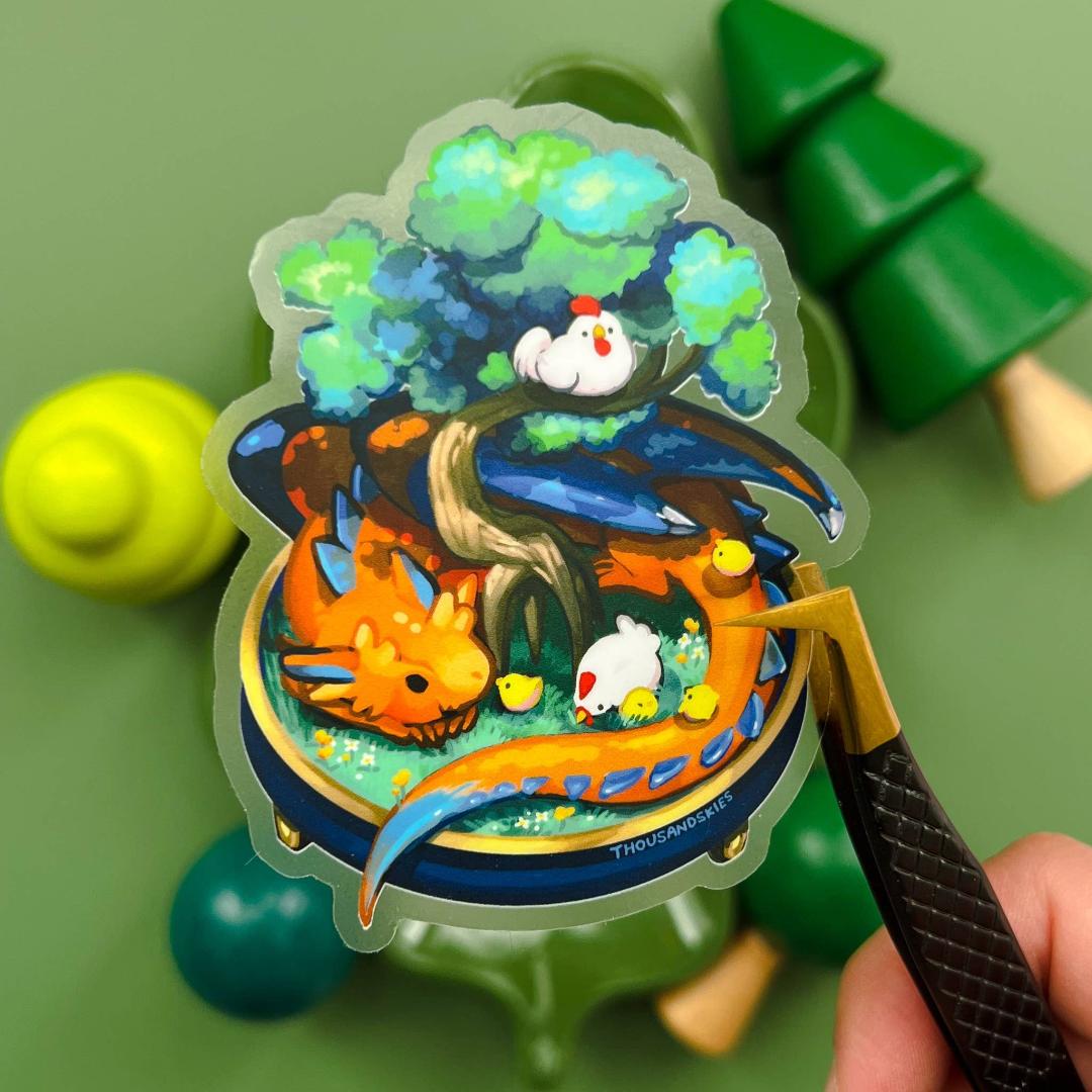Dragon in a Bonsai Garden with Chickens Sticker - Transparent Waterproof Vinyl