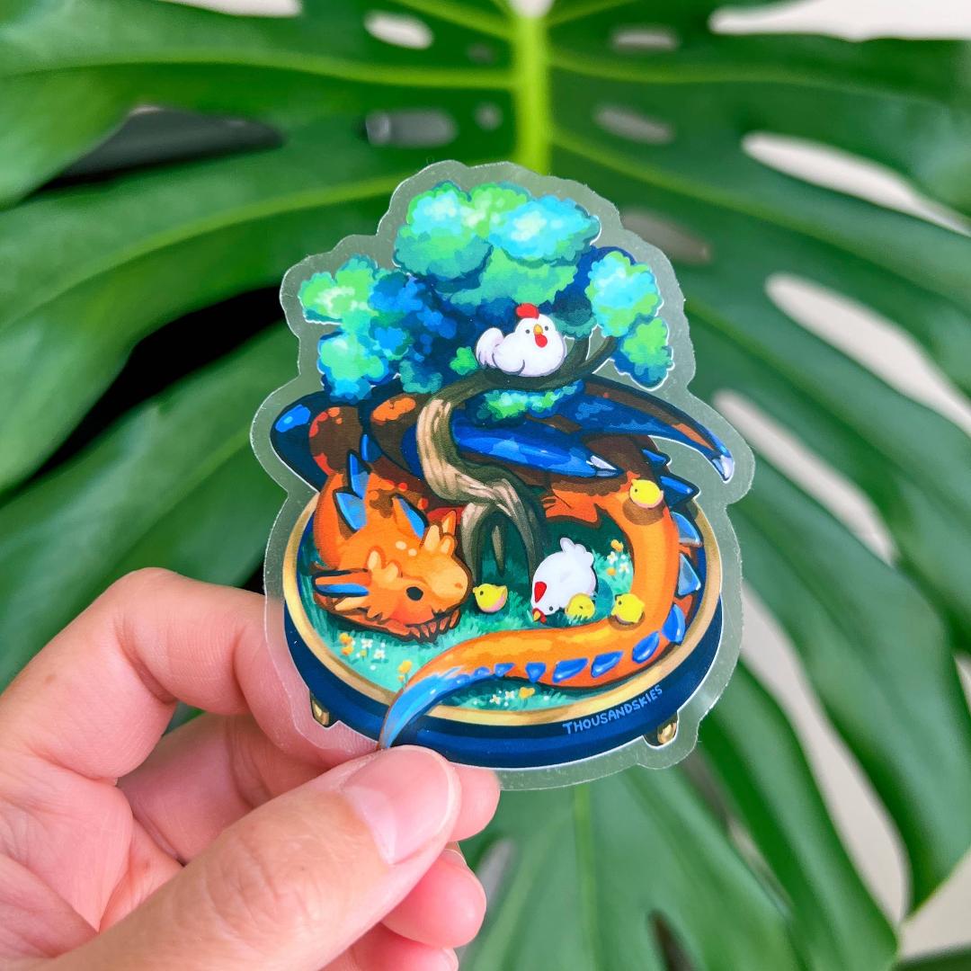 Dragon in a Bonsai Garden with Chickens Sticker - Transparent Waterproof Vinyl