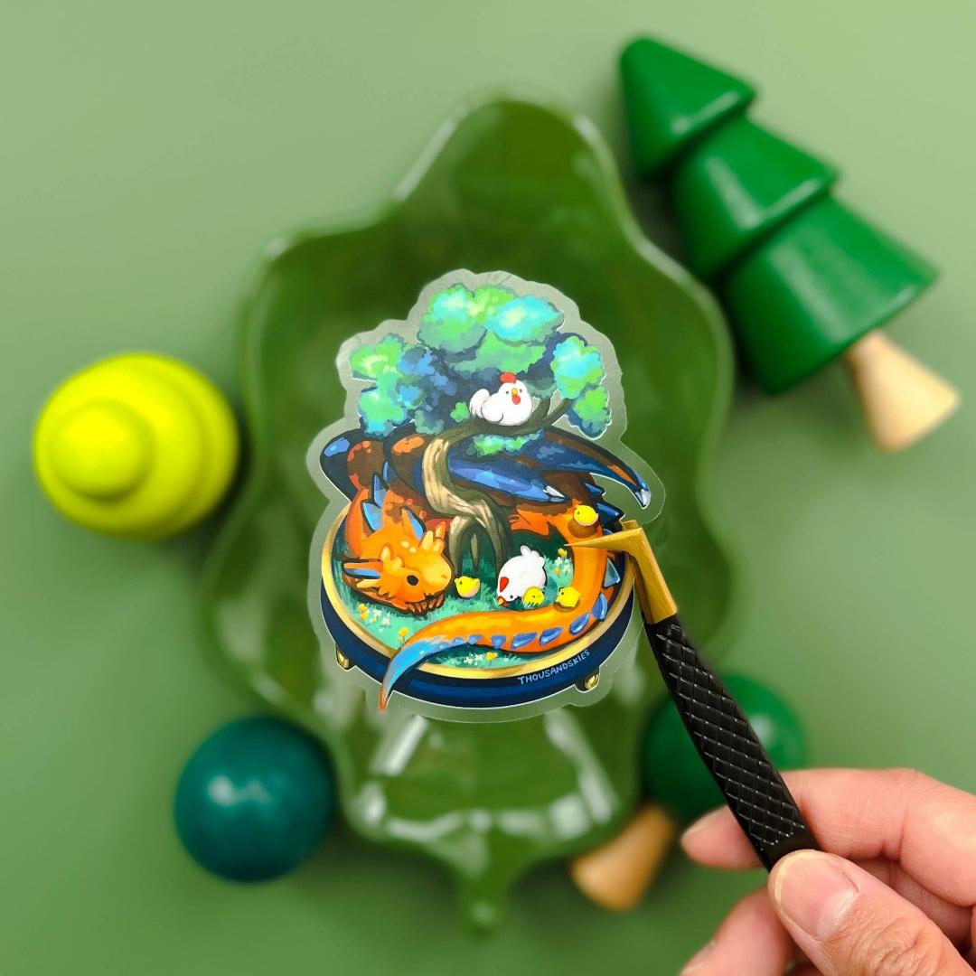 Dragon in a Bonsai Garden with Chickens Sticker - Transparent Waterproof Vinyl
