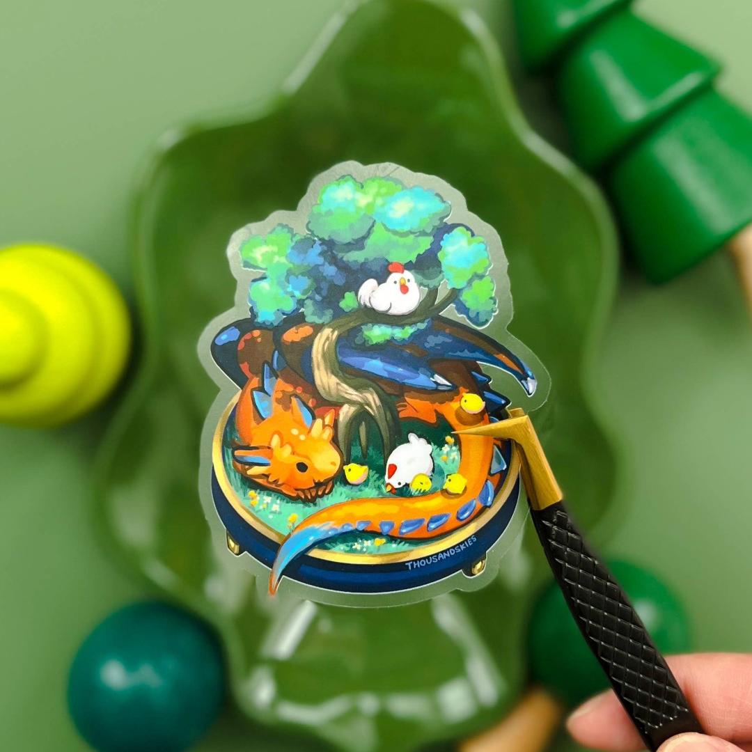 Dragon in a Bonsai Garden with Chickens Sticker - Transparent Waterproof Vinyl