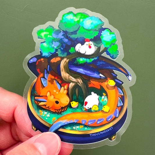 Dragon in a Bonsai Garden with Chickens Sticker - Transparent Waterproof Vinyl