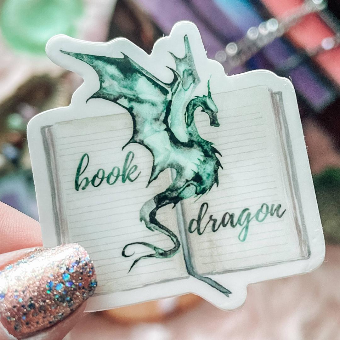Green Book Dragon Watercolor Sticker - Fantasy & Mythical Vinyl Decal