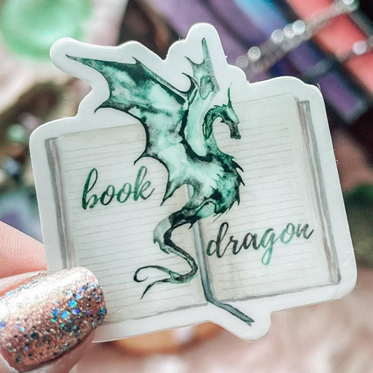 Green Book Dragon Watercolor Sticker - Fantasy & Mythical Vinyl Decal