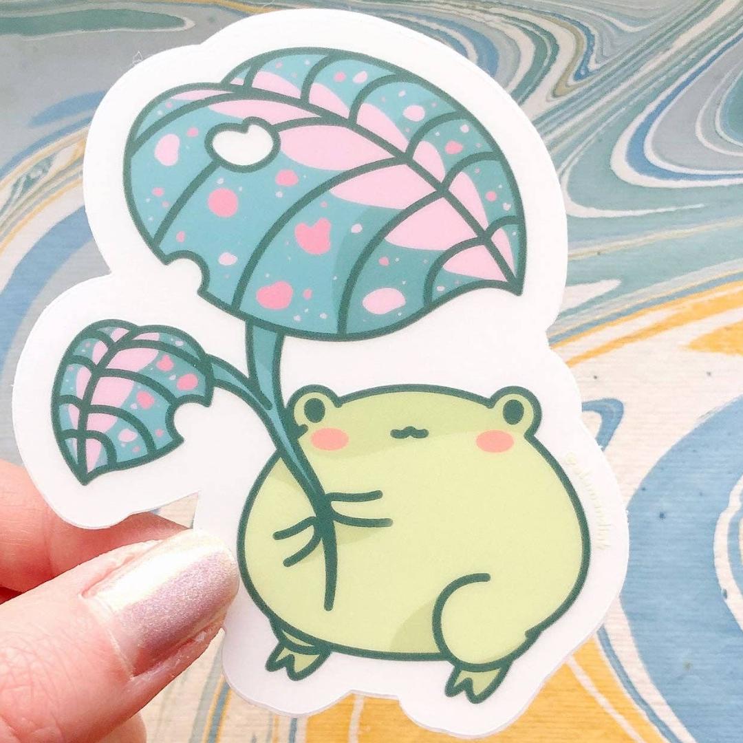 Gogo the Frog Leaf Umbrella Sticker - Clear Vinyl Decal