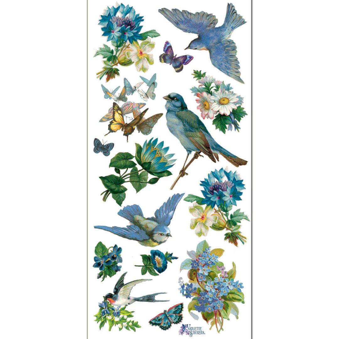 Bluebirds & Blue Flowers Stickers - 2 Sticker Sheets for Scrapbooking, Stationary, & More