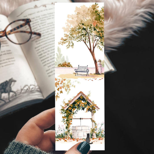 Wishing Well Fall Cardstock Bookmark with Black Cat - Spooky Autumn