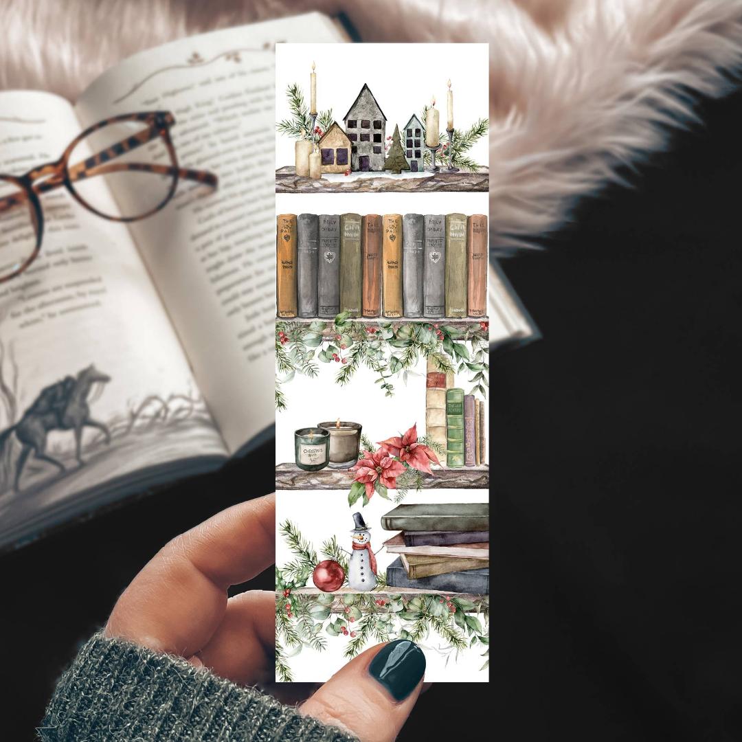 Christmas Bookshelf Watercolor Cardstock Bookmark - Festive Holidays & Winter