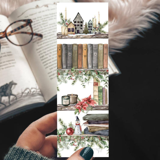 Christmas Bookshelf Watercolor Cardstock Bookmark - Festive Holidays & Winter