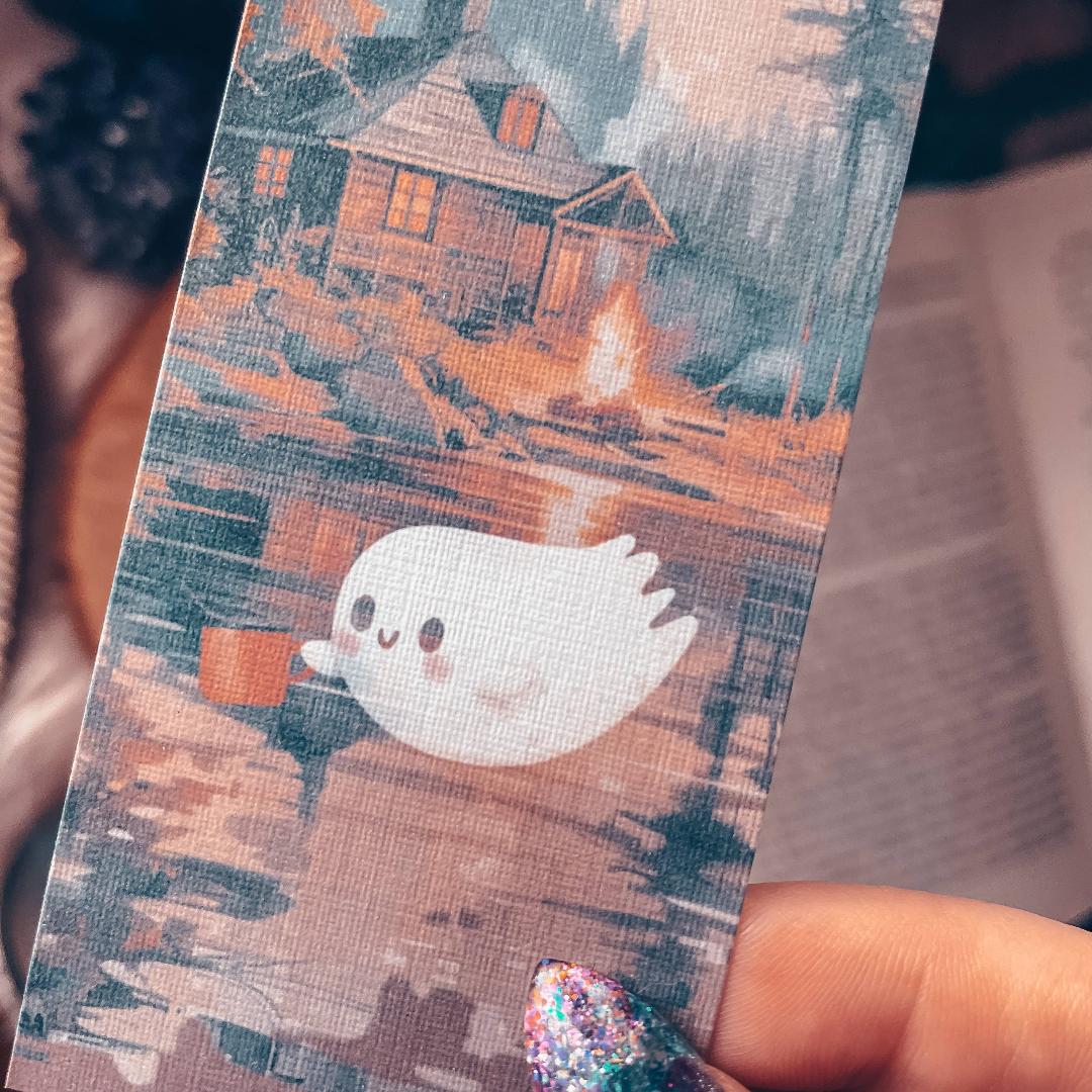 Cute Camping Ghost Watercolor Cardstock Bookmark - Halloween & Fall