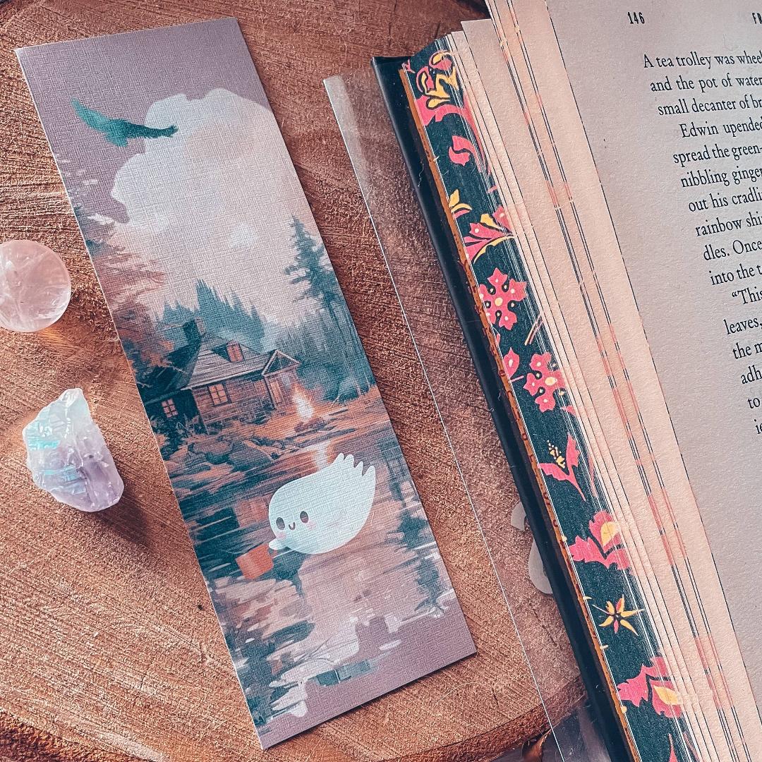 Cute Camping Ghost Watercolor Cardstock Bookmark - Halloween & Fall