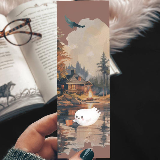 Cute Camping Ghost Watercolor Cardstock Bookmark - Halloween & Fall