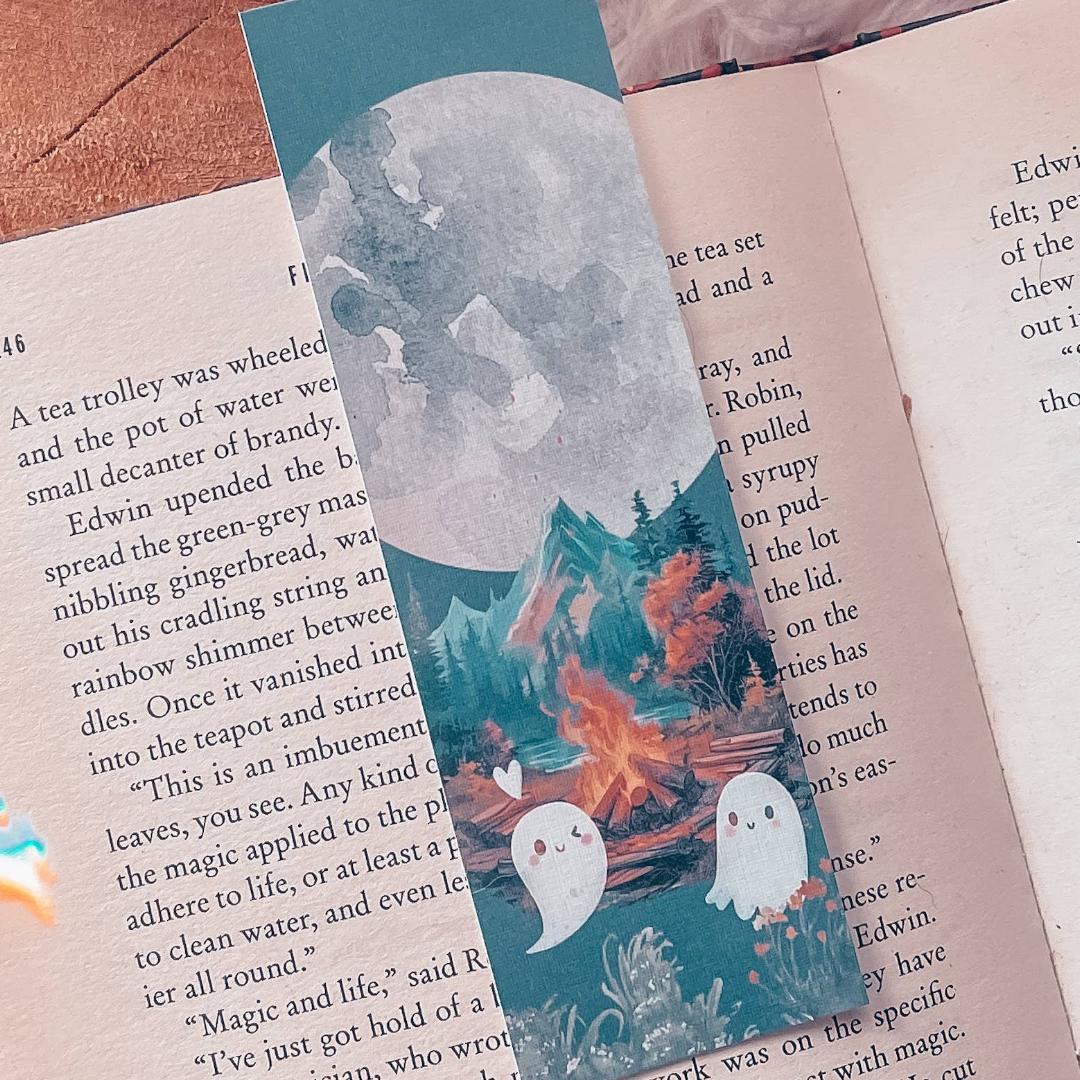 Cute Camping Ghost Couple Watercolor Cardstock Bookmark - Fall & Halloween